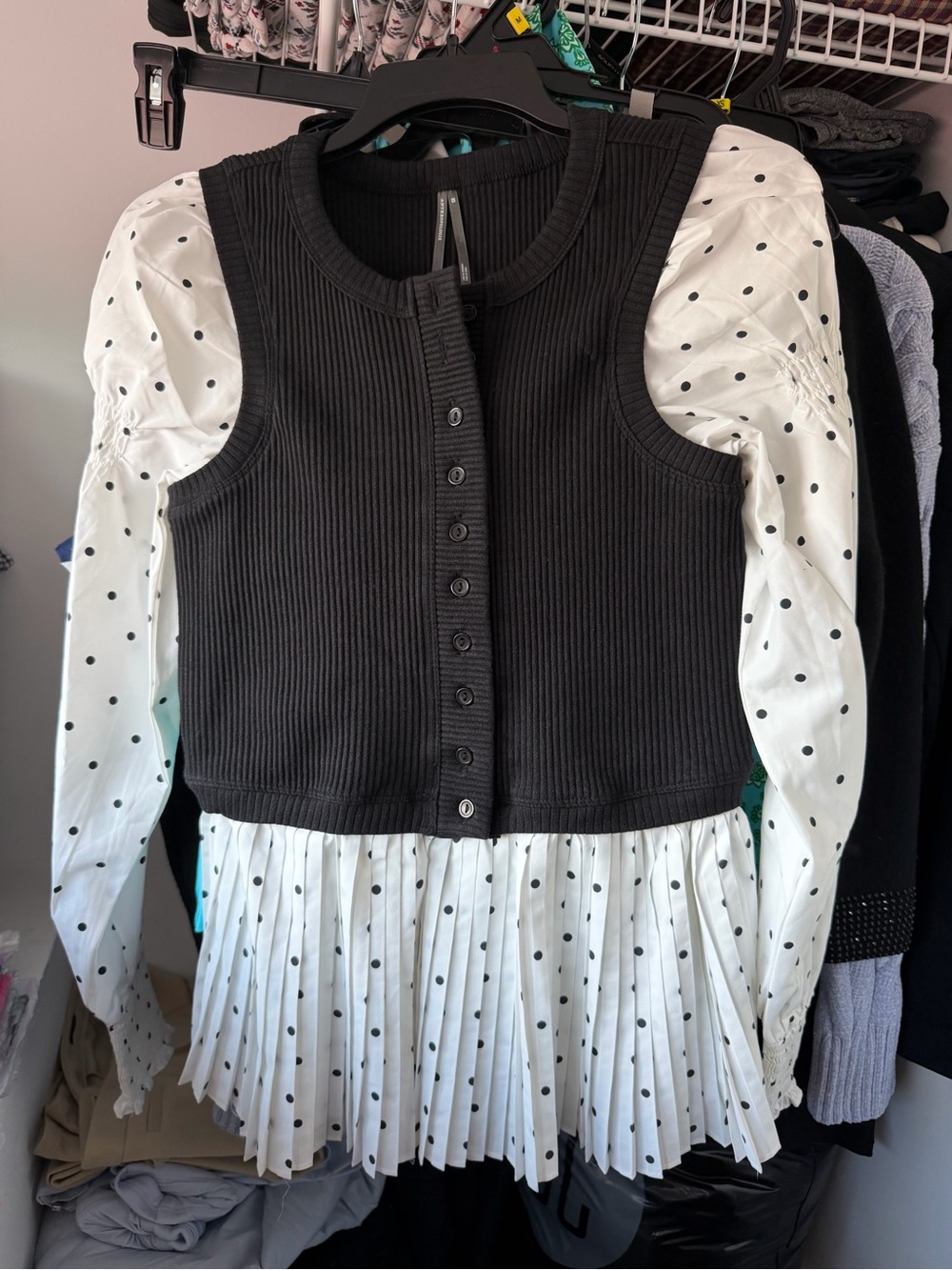 Anthropologie White Polka Dot Blouse Long sleeve with built in black vest XS